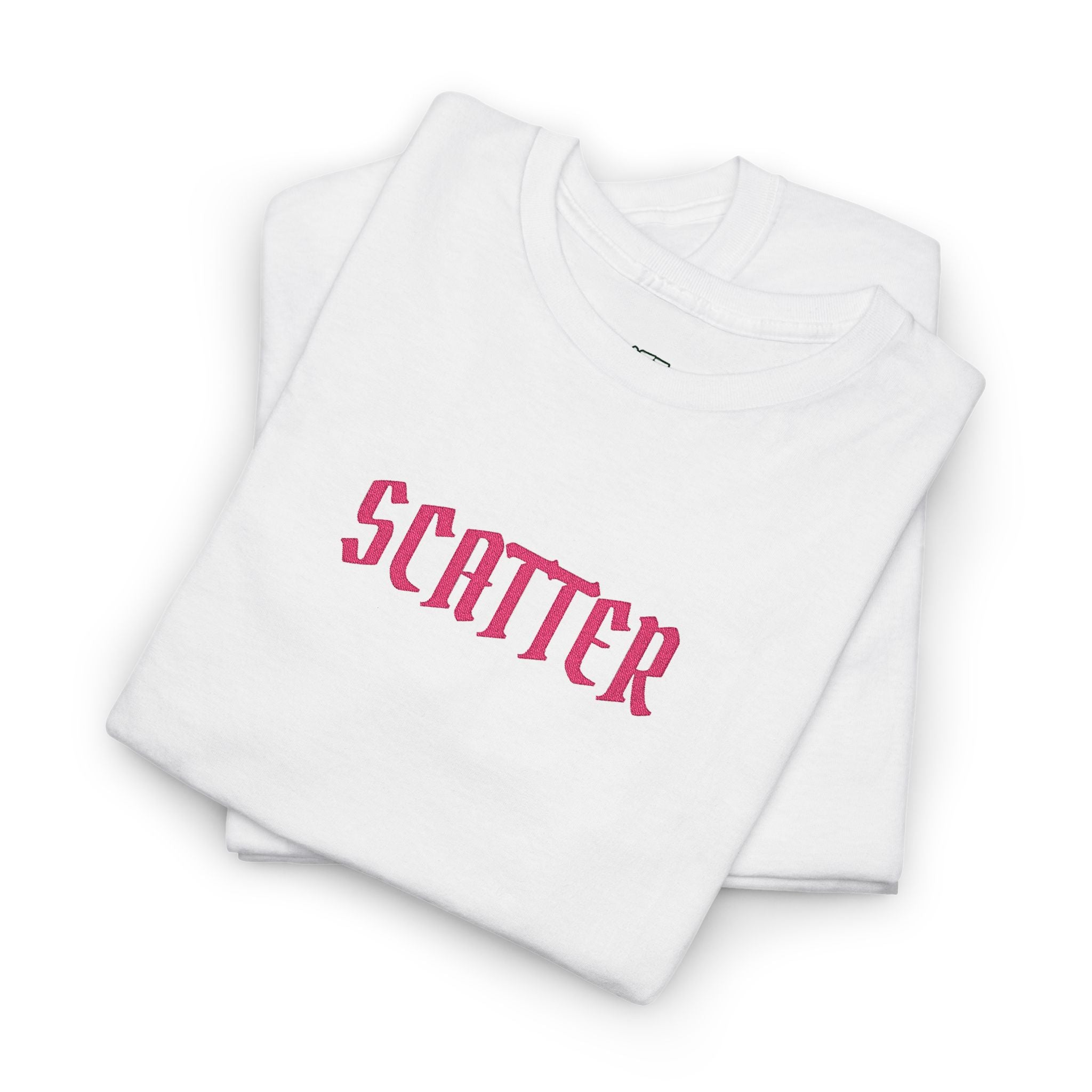 Scatter Graphic Tee — Pink Distressed Text Cotton T‑Shirt