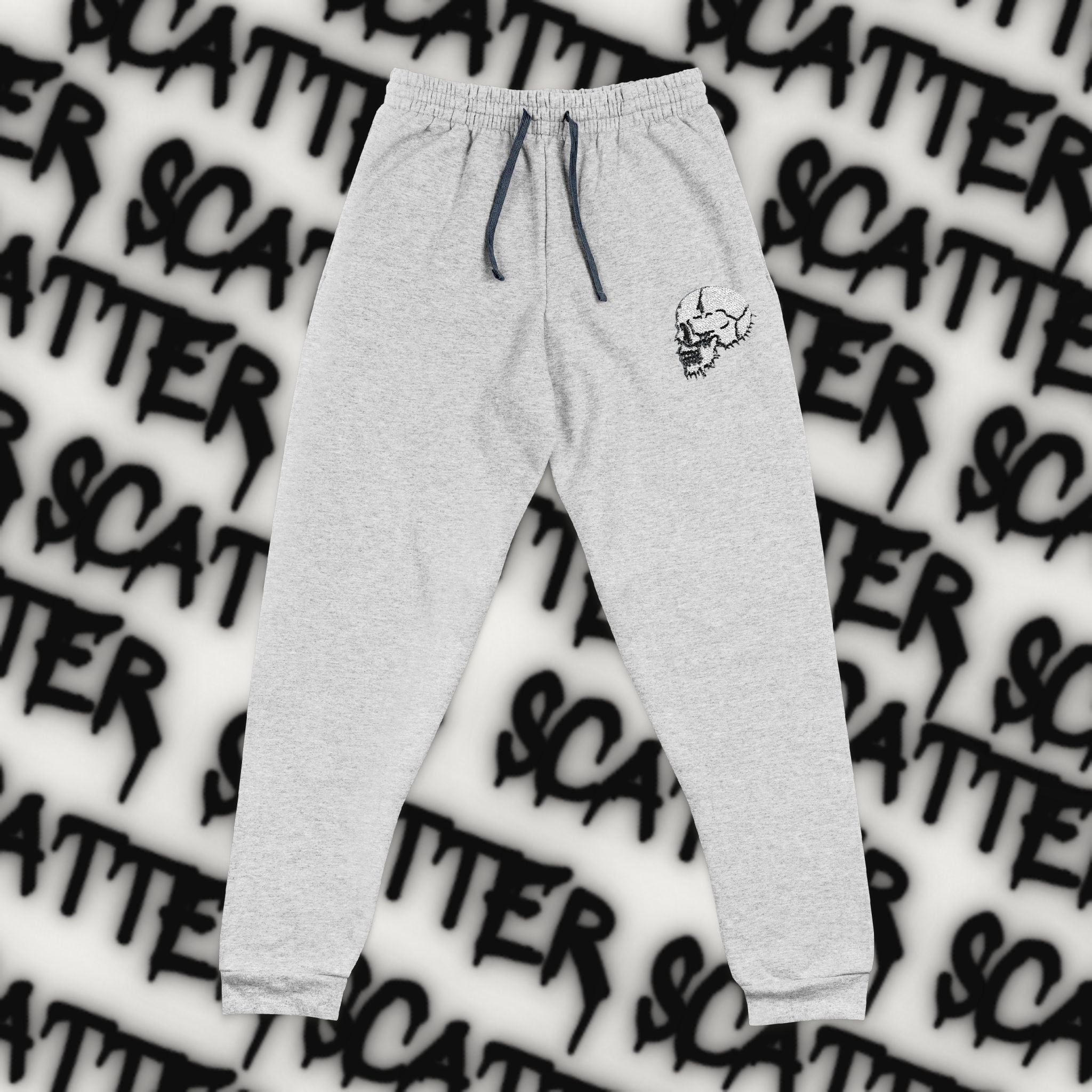Scatter Embroidered Skull Joggers — Grey Casual Sweatpants