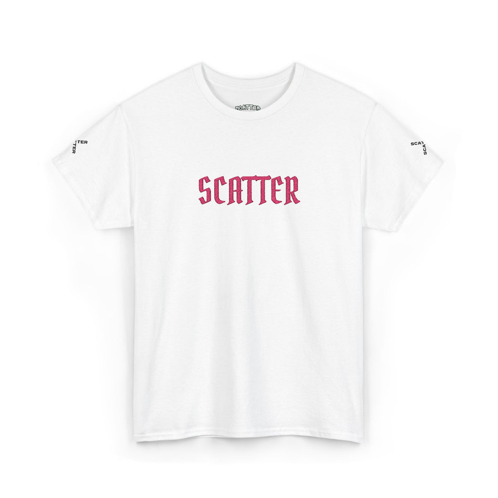 Scatter Graphic Tee — Pink Distressed Text Cotton T‑Shirt