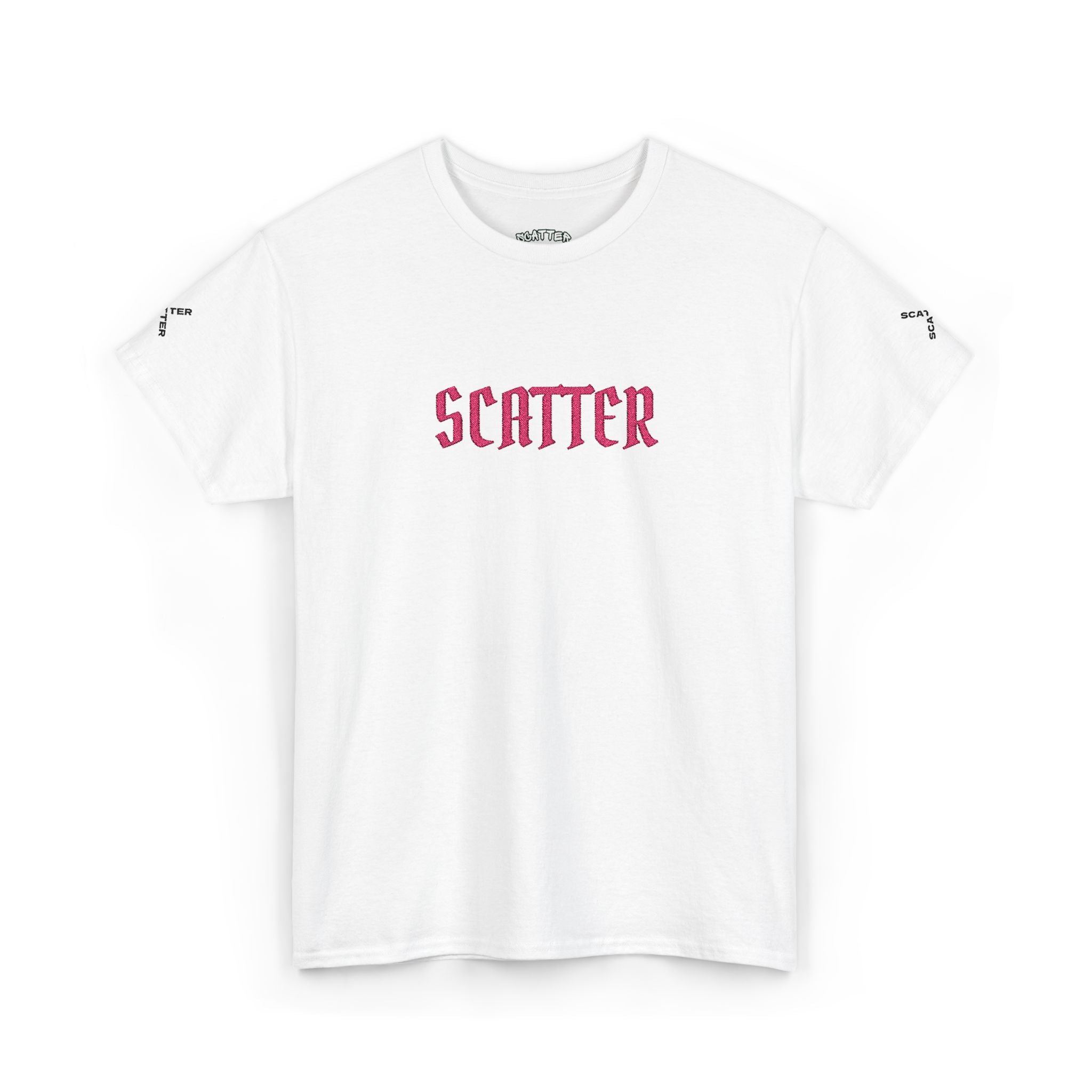 Scatter Graphic Tee — Pink Distressed Text Cotton T‑Shirt