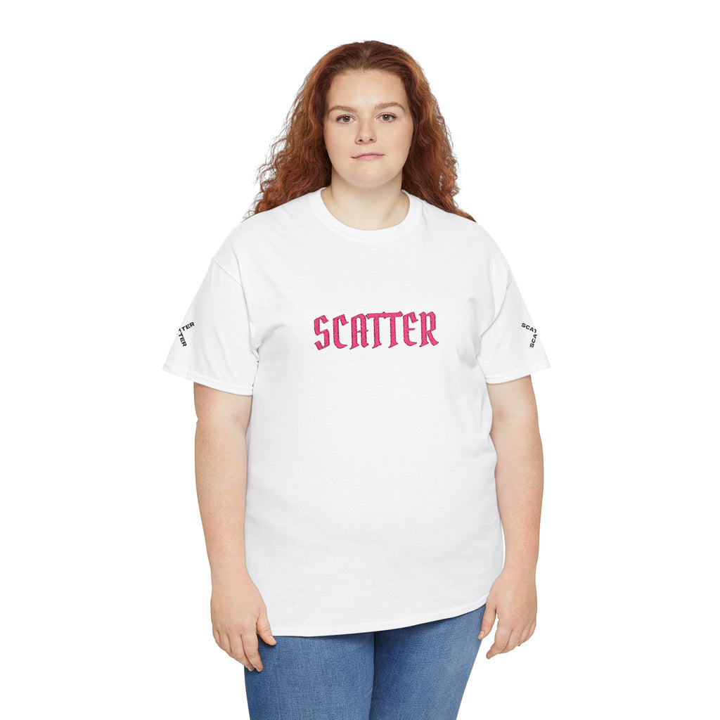 Scatter Graphic Tee — Pink Distressed Text Cotton T‑Shirt