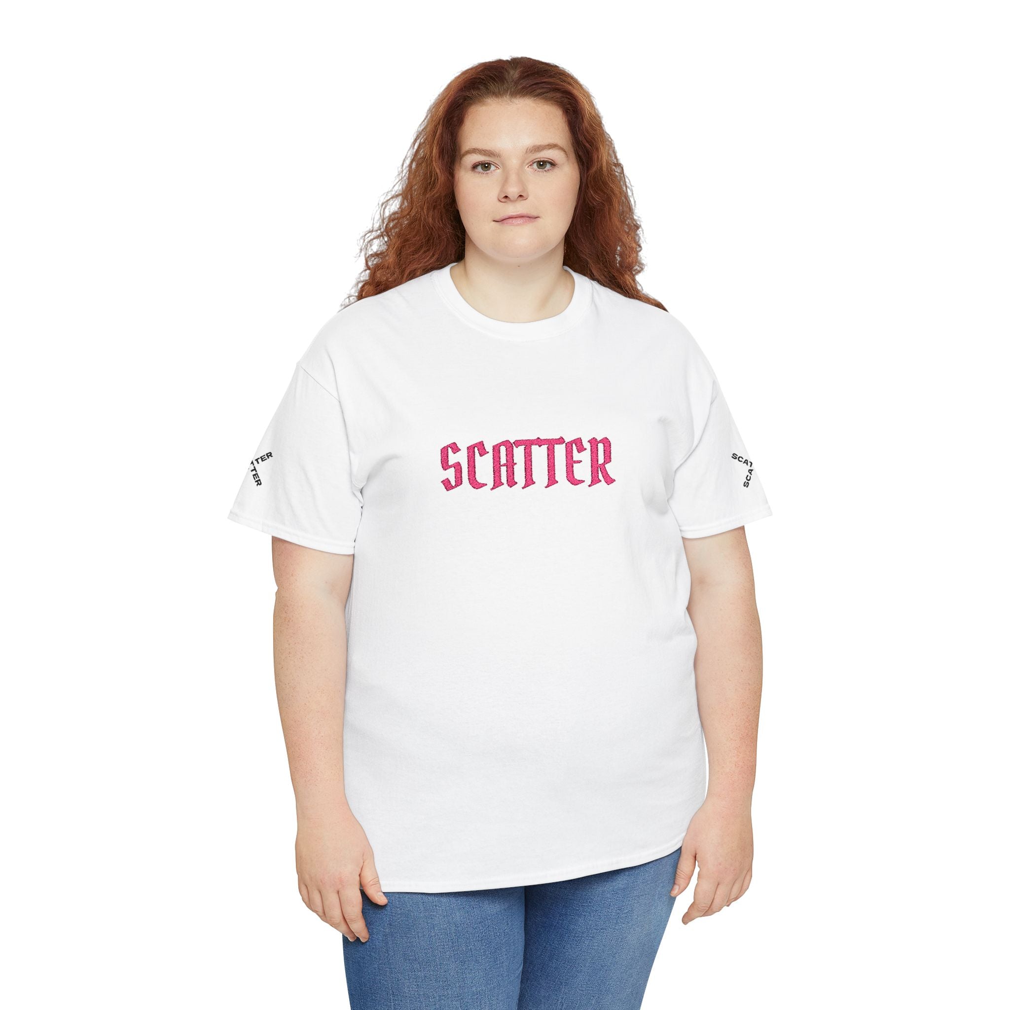 Scatter Graphic Tee — Pink Distressed Text Cotton T‑Shirt